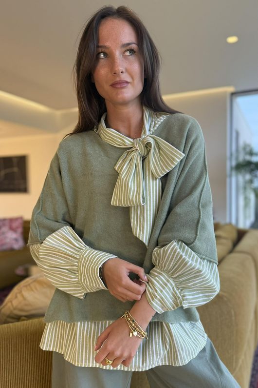 Nantucket Stripe Tie Neck Blouse Soft Olive